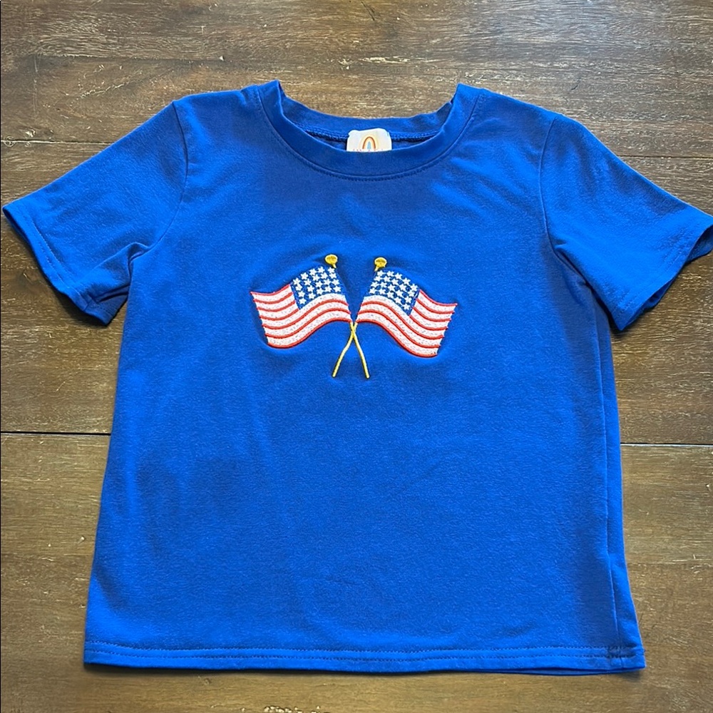Abby & Evie Smocked Flags Blue T-Shirt for Memorial Day, 4th of July